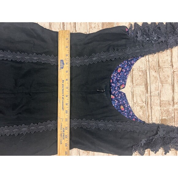 TRACEY FEITH Dress L black Cap Sleeve Lace Goth Witchy Linen Raw Hem - Picture 6 of 8